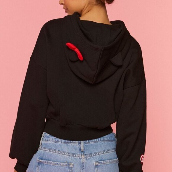 Hello Kitty Forever 21 Black Crop Hoodie Red Bow Size 1X Women’s Sweatshirt - Picture 3 of 7